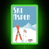 Vintage Aspen ski resort neon sign poster in pastel green hues with RGB color scheme.