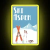 Vintage Ski Aspen poster with neon RGB colors and yellow hue.
