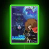 Vintage science fiction character Captain Harlock from Albator with a neon sign in the background, evoking a retro-futuris...