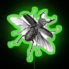 Vintage metal sign featuring a stylized, colorful stag beetle illustration in a neon-like style, evoking a nostalgic and e...