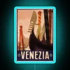 Vintage travel poster featuring a colorful, neon-lit depiction of Venice at night.