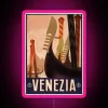 Neon-lit vintage travel poster advertising Venice, Italy with pink accents.
