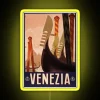 Neon-lit Venetian cityscape with gondolas and ornate architecture at sunset, reminiscent of a vintage travel poster.