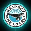Neon sign reading 'Respect the Locals' with vintage whales illustration in blue tones.