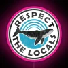 Neon sign featuring vintage whales respecting locals in pink.
