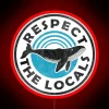 Neon sign with retro whale design warning people to respect local marine life.