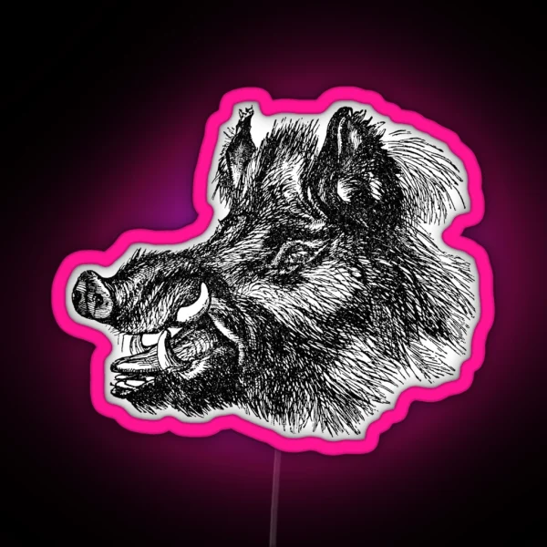 Vintage Wild Boar Head Illustration Retro 1800s Black And White Image RGB Neon Sign