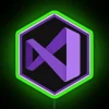 Neon green Visual Studio hexagon logo on a sign