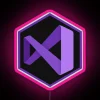 Visual Studio hexagon neon sign in RGB colors, pink hue