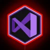 Visual Studio hexagon logo in RGB neon colors on a red background.