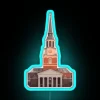 Neon sign in front of Wait Chapel at Wake Forest University, reflected with RGB colors