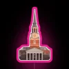 Neon sign at Wake Forest University's Wait Chapel illuminated in pink.