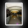 Neon-lit walkway with colorful LED lighting at night.