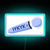 Neon blue light wand with rainbow hues on a dark background