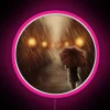 Cozy autumn rain shower under a vibrant neon sign.