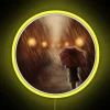 Cozy autumn scene with rain, vibrant colors, and neon lights at dusk.