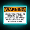 Warning sign with distorted reality perception due to racist and sexist social conditioning, represented by a blue neon RG...