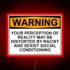 Warning sign with distorted reality perception, illuminated by vibrant neon colors, against a dark background, highlightin...