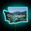 Seattle Nightlife, Washington State's vibrant neon sign in blue hues against a cityscape.