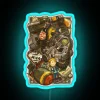 Abandoned neon sign in a post-apocalyptic wasteland, reflected in a rusty cache.