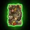 Abandoned wasteland with a neon-lit cache in a barren, green landscape.