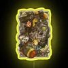 Wreckage with a neon-lit cache in the desert wasteland