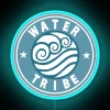 A neon-lit badge with the words 'Water Tribe' in blue, inspired by a futuristic sign design.
