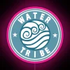 Neon pink logo with stylized water wave design