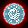 Neon sign featuring the Water Tribe logo in bold, colorful RGB design.