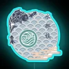 Neon sign inspired by traditional Japanese art with water tribe motifs and vibrant blue hues.