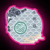 A woman from a traditional Japanese water tribe, inspired by Ukiyo-e art style, under a neon-lit pink sign.