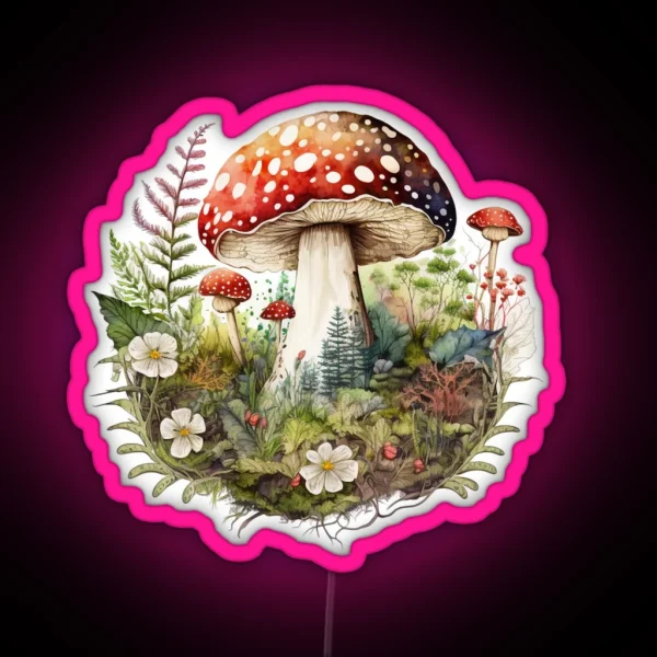 Watercolor Amanita Muscaria Red Mushroom With RGB Neon Sign