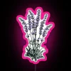 Watercolor lavender bouquet under a neon sign with pink hues.