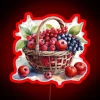 Watercolor depiction of red fruits in a vibrant neon-lit basket.