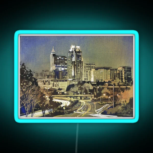 Watercolor Painting Of Skyline Of Downtown Raleigh NC At Sunrise Watercolor Painting Raleigh RGB Neon Sign