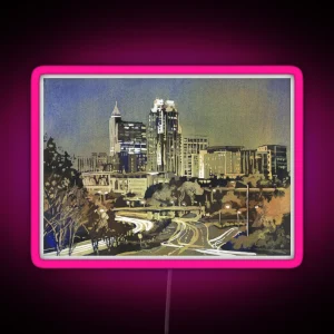 Watercolor Painting Of Skyline Of Downtown Raleigh NC At Sunrise Watercolor Painting Raleigh RGB Neon Sign