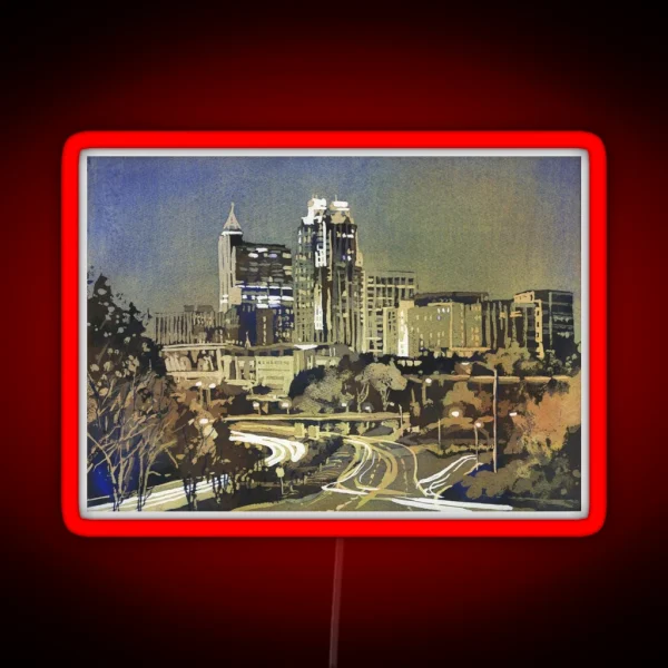 Watercolor Painting Of Skyline Of Downtown Raleigh NC At Sunrise Watercolor Painting Raleigh RGB Neon Sign