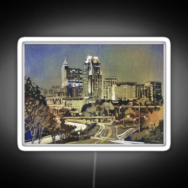 Watercolor Painting Of Skyline Of Downtown Raleigh NC At Sunrise Watercolor Painting Raleigh RGB Neon Sign