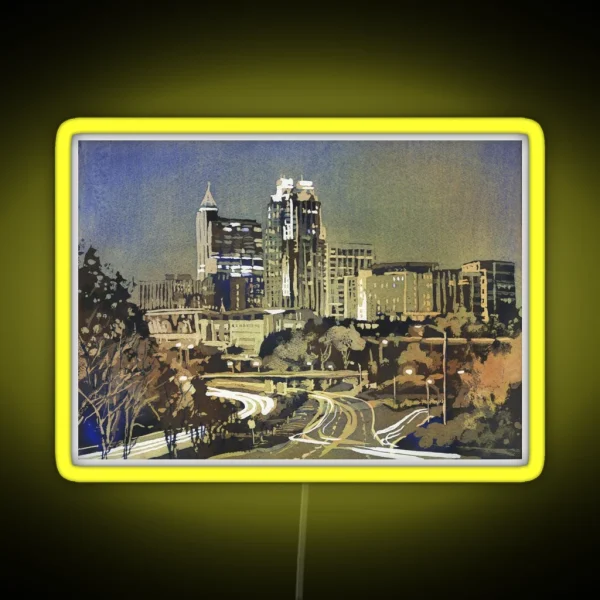 Watercolor Painting Of Skyline Of Downtown Raleigh NC At Sunrise Watercolor Painting Raleigh RGB Neon Sign