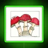 Close-up of watercolor toadstools with neon details on a green background.