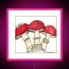 Close-up of pink toadstools with neon lighting under a watercolor effect.