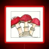 Watercolor toadstool design with neon sign elements in red, pink, and green hues.