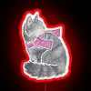 A vibrant watercolor depiction of a Norwegian forest cat in a neon-lit sign, set amidst a misty forest landscape with subt...