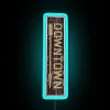 Neon sign in downtown area with blue lights at night