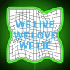 RGB neon sign design with bold, colorful typography reading 'We Live Love Lie' in a futuristic and eye-catching style.