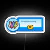 Neon warning sign with colorful, Webkinz-themed graphics.