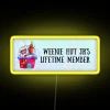 A neon sign reading "Weenie Hut Jr's Lifetime Member" in bright yellow with colorful RGB accents.