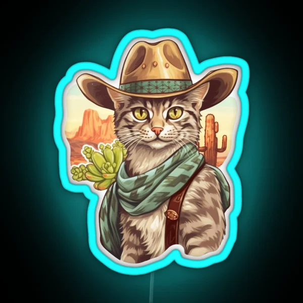 Western Cowboy Country Cute Cat With Hat And Cactus RGB Neon Sign