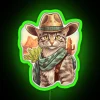 Western cowgirl cat with hat and cactus under a neon sign at sunset.