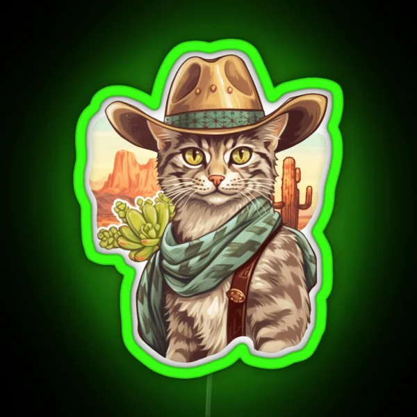 Western Cowboy Country Cute Cat With Hat And Cactus RGB Neon Sign